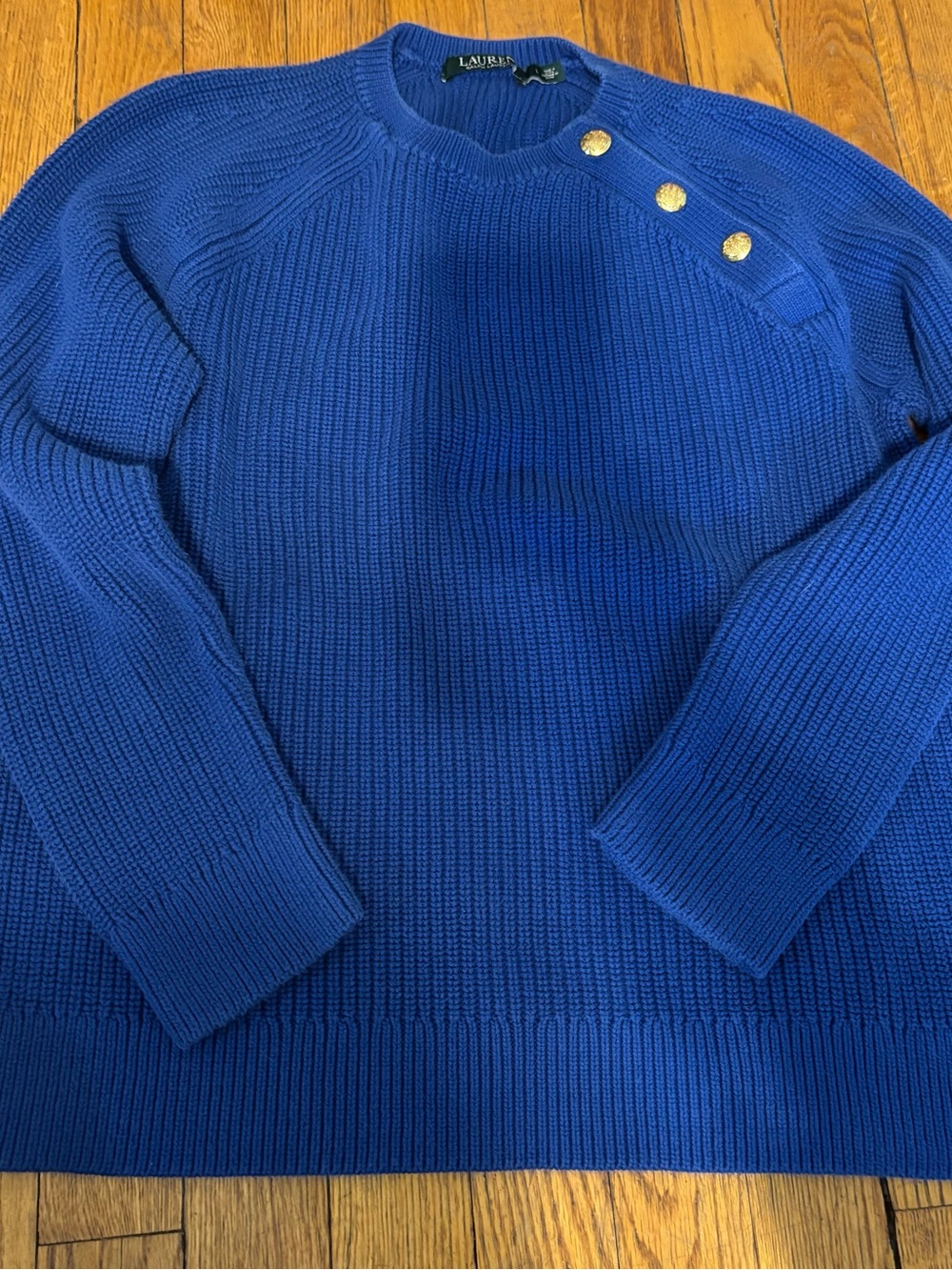 Ralph Lauren Women's Royal Blue Crewneck Sweater with Gold Buttons